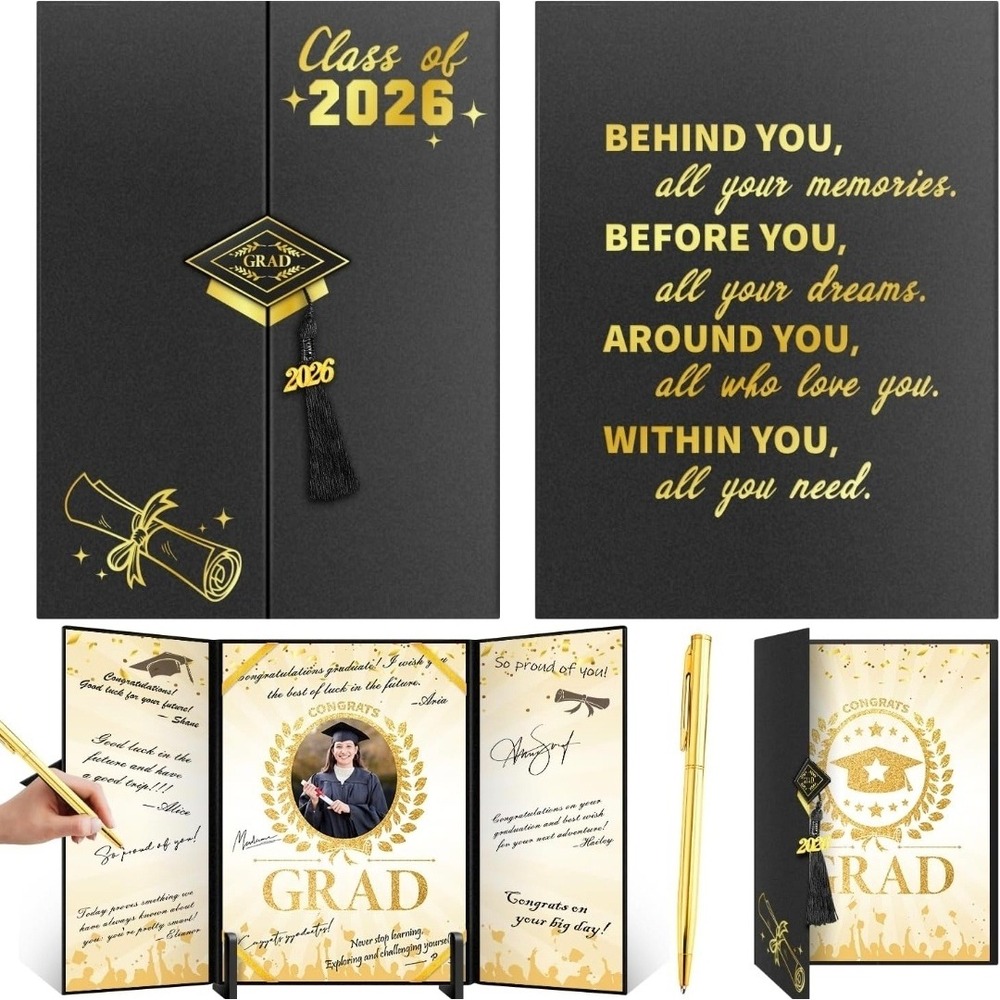 Graduation Guest Book 2026 Photo Folder Black Gold Tassel Pen Set - Picture 1 of 6